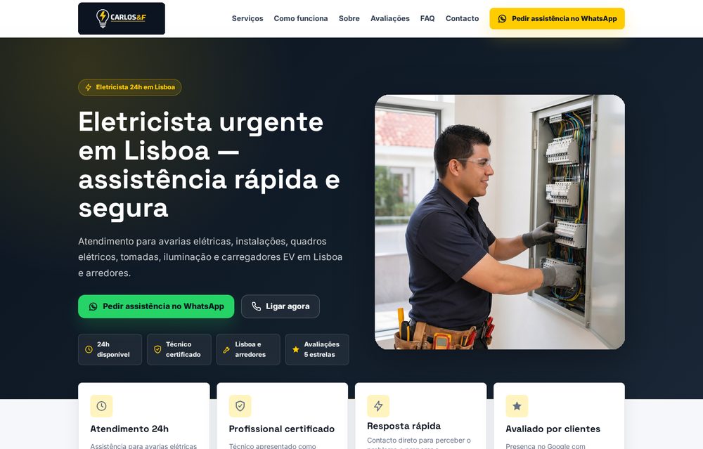 Screenshot real do site Carlos Eletricista desenvolvido pela RM