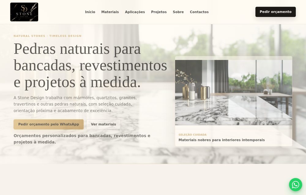 Screenshot real do site catálogo Stone Design desenvolvido pela RM