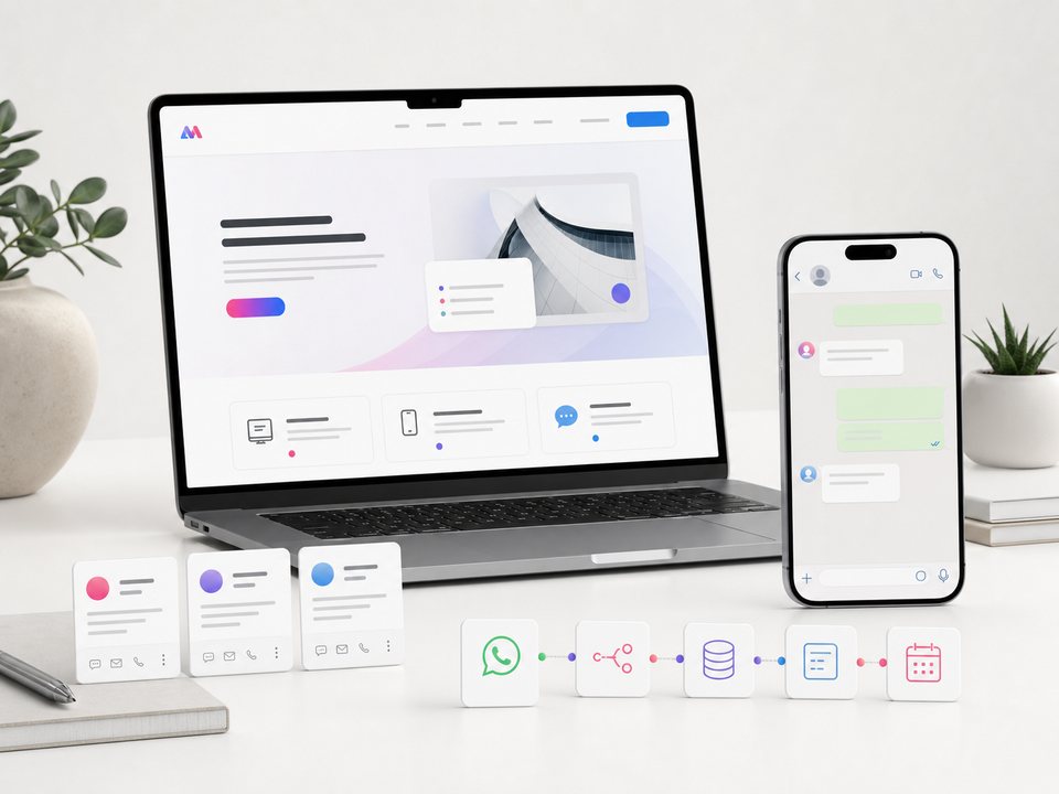 Composição institucional com portátil, telemóvel, CRM e integrações digitais da RM