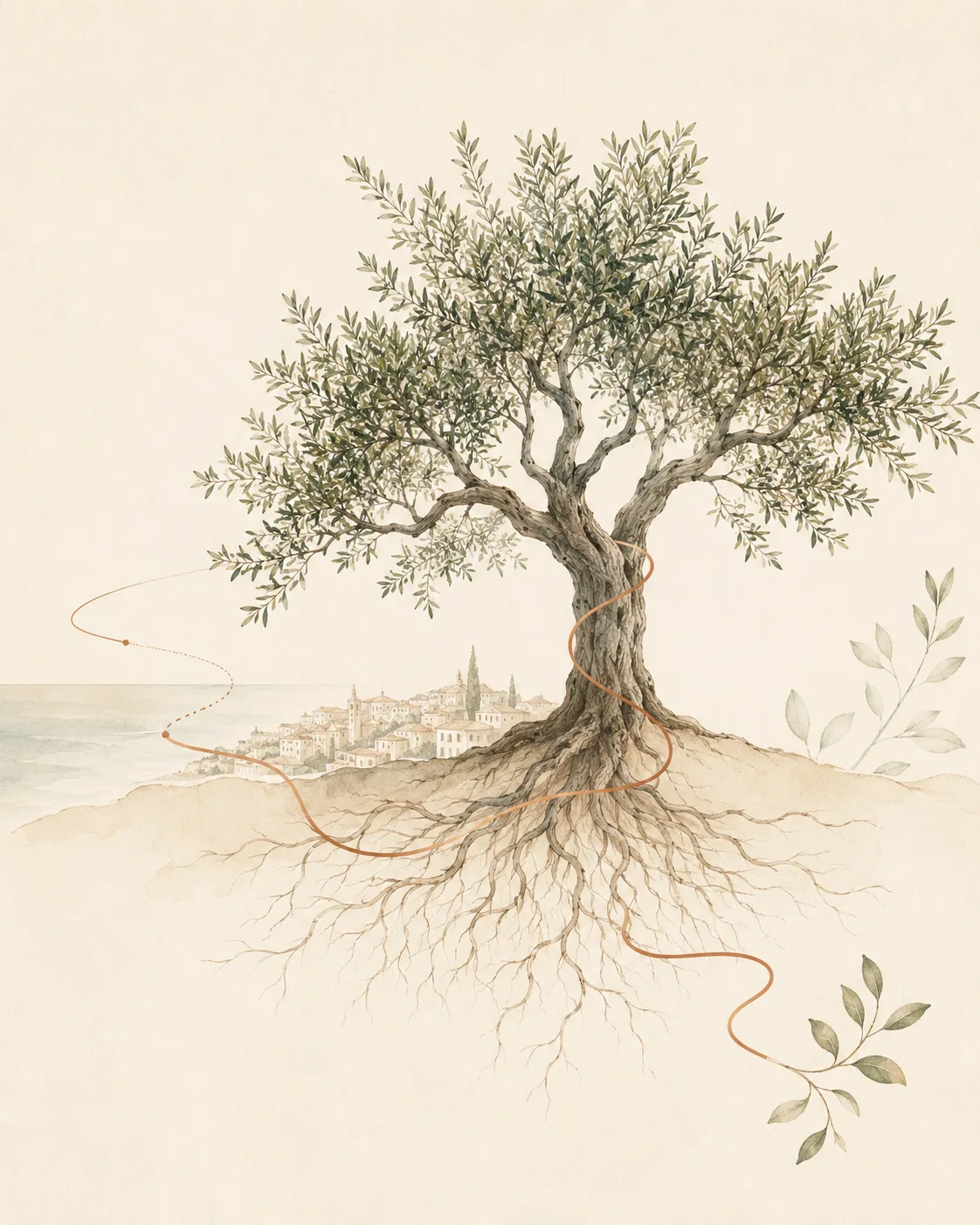Olive tree with visible roots representing belonging and building a life in Portugal